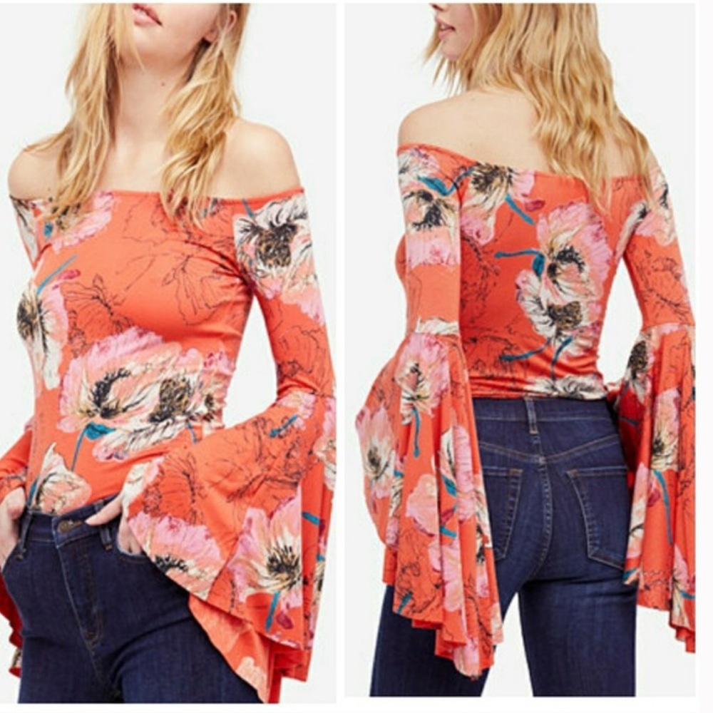 Free People Floral Off-Shoulder Top in Orange and Pink